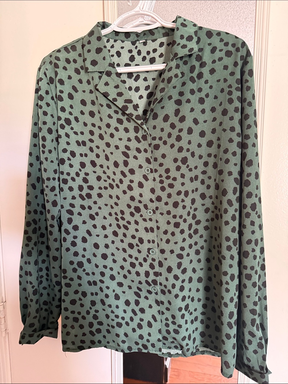 Green and Black Dotted Button-Up Blouse